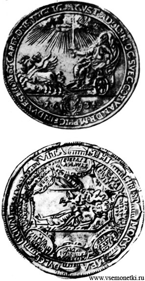 Швеция, барочный двойной талер 1634 на смерть короля Густава II Адольфа, серебро