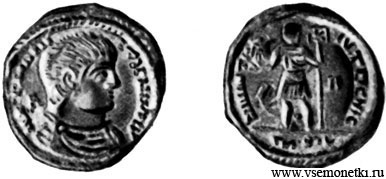 Варварское подражание римской биллонной монете, чеканенное ок. 350 г н.э. (Майорина), монетный двор римского военного лагеря, бронза