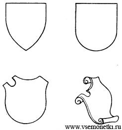Формы гербового щита: готический треугольный щит; испанский закругленный щит; тарч, гербовый щит в виде картуша