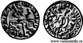 Дукат 1594, чеканенный в Праге имп. Рудольфом II (1576-1612), золото; л.с. - стоящий имп. между гербами Чехии и Венгрии, о.с. - Коронованный двуглавый орел.
