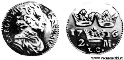 Швеция, каролин ( = 2 шведским маркам) 1716, серебро