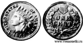США, цент 1884 серии 'Indian Head' (англ. голова индейца), бронза