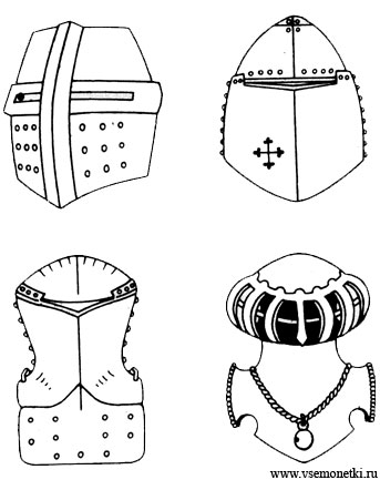 Формы геральдических шлемов : полусферический шлем; сфероконический шлем; турнирный шлем; шлем с дужками