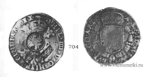 Рис. 704. Серебряный патагон. Ефимка. Филипп IV, 1629. Испанские Нидерланды, Артуа. Эрмитаж. 