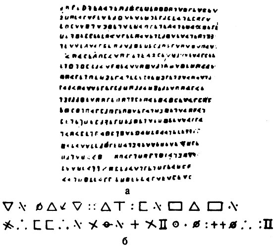 Рис. 7. а. Записка Оливье Вассера; б.Зашифрованная надпись на камне, найденная на о. Оук (восточное побережье Канады) - предполагаемый указатель места захоронения сокровищ пирата Кидда (XVIII в.)