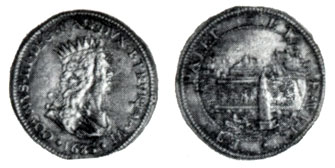 Obverse: A representation of Cosmo de Medici wearing a crown. Reverse: A view of the harbour of Leghorn, - one of the most important ports of Italy; there is a beacon and dykes near which ships are closely crowded together