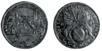 Obverse: A view of Zurich, situated along the banks of the Limmat River, at the outlet of the river from Lake Zurich. Both parts of the town - Large and Small - are connected by several bridges. Reverse: A shield with the town arms; along either side of the arms are two lions, one of which holds a sword, and the other - an olive branch