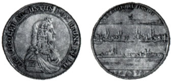 Obverse: The bust of the duke in a coat of mail and a wig. Reverse: Views of two towns. Such a double illustration is a rare occurrence. The upper picture is that of the town of Brunswick, the lower one of Wolfenbuttel