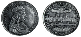 Obverse: The bust of the king. Reverse: A view of Riga, - a large port-town of the mid-seventeenth century, - seen from the western shore of the Dvina. The numberless ships on the river stress the importance of the town as a busy trading centre