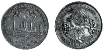 Obverse: A view of the town with numerous Gothic churches surrounded by ramparts and bastions. The coin was to commemorate the drawing up of the Westphalian peace-treaty of 1648 marking the end of the Thirty Years' War and signed in the Munster town hall. Reverse: Pictures of outstretched hands from among the clouds illuminated by the rays of the sun. Behind the hands are two horns of plenty and an olive branch; at the bottom is a heap of weapons