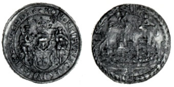 Obverse: The town arms, surmounted by a helmet and cap; on either side of the arms there is a shield-bearer, - barbarians, a man and a woman. Reverse: A view of Erfurt in the first half of the seventeenth century. The town had already been in existence for a thousand years and abounded in churches and monasteries