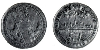 Obverse: A half-length representation of King Ladislas IV holding a sceptre and an orb. Reverse: Gdansk of the seventeenth century. The rampart, bastions, moat are clearly seen. The town-hall towers of the fifteenth century rise aloft from amidst the other town structures