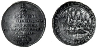 Obverse: A half-length representation of an angel holding a shield with the town arms. Reverse: The town, situated on the shore of the Vistula, enveloped in the flames of conflagrations. This was what Thorn looked like when freed from the Swedish siege on the 16th of February, 1629