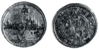 Obverse: A view of the town situated on the north-western shore of Boden Lake. The town buildings are seen, among them the Cathedral of Constance of the eleventh to fifteenth centuries and the Dominican Monastery, where in 1414-15, the leader of the Czech Reformation, John Huss, was incarcerated. Reverse: Five shields, bearing the coats-of-arms of town officials, and twenty-one shields with emblems of the Town Council members