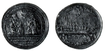Obverse: Emperor Otton and Empress Edith seated on their thrones. Reverse: A general view of Magdeburg, situated on the Elbe. Above the picture is the town arms