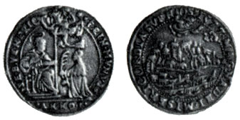 Obverse: A representation of St. Mark and a kneeling doge holding an olive branch in his hand and receiving a gonfalon - the symbol of power. Reverse: A scene of the town as viewed from the sea. Notwithstanding the conventional character of the drawing, several architectural monuments of Venice, among them the famous Cathedral of St. Mark, may be distinguished