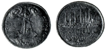 Obverse: A pyramid bearing the letter  and the figure 5 (Christian V) rising aloft out of the water. Reverse: A view of Copenhagen and the inscription Hafnia Daniae (a port of Denmark)