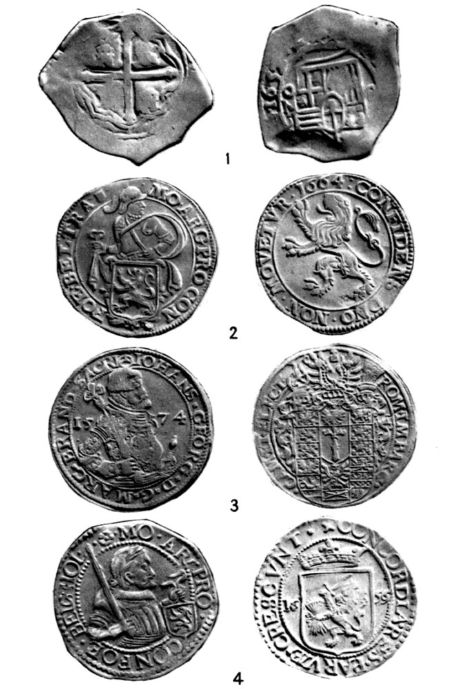 Табл. ΙΙ 1-испано-американские 8 реалов (песо) 1652 г.; 2 - левандаальдер, Утрехт, 1654 г.; 3 - бранднбургский талер 1574 г.; 4 - голландский рейксдаальдер 1659 г.