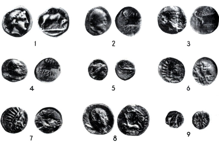 Табл. I. Неизданные монеты: 1 - серебряная дидрахма Херсонеса; 2 - медная монета Херсонеса; 3 - медная монета Херсонеса с именем A KINOV; 4 - медная монета Херсонеса с именем Imaiov; 5 - вариант монеты Херсонеса с именем Imaiov; 6 - медная монета Херсонеса с именем Н/ракае/о; 7 - вариант медной монеты Херсонеса с именем Нракаео; 8 - серебряная драхма Херсонеса с именем Нракаео; 9 - медная монета Феодосии