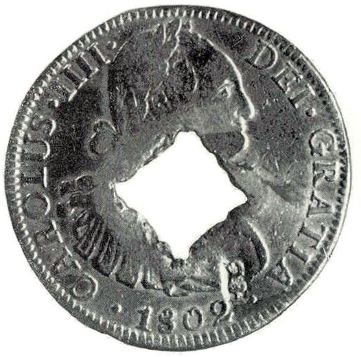 Рис. 13. Л. ст. Карл IV. 8 реалов 1802 г. Надчеканина на Гваделупе. Серебро