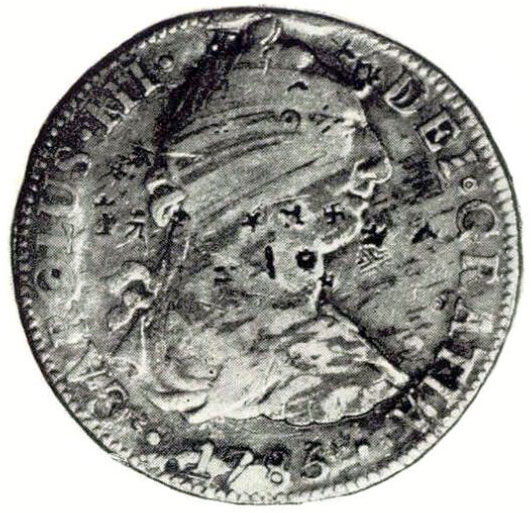 Рис. 14. Л. ст. Карл III. 8 реалов 1785 г. 'чопами'. Серебро