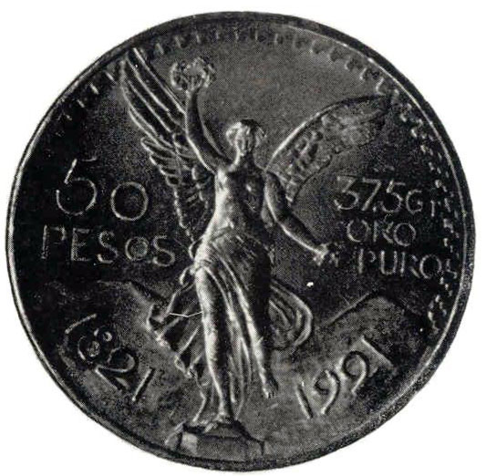 Рис. 24. Об. ст. Мексиканские Соединенные Штаты. 50 песо 1921 г, а память столетия освобождения. Золото